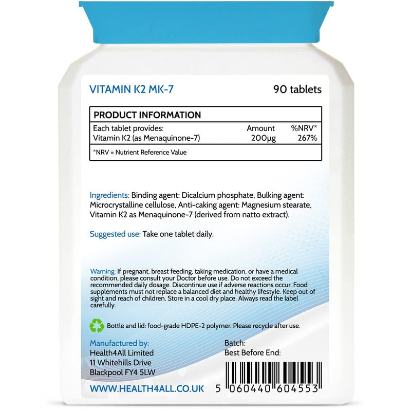 Health4All Vitamin K2 MK7 200mcg 90 Tablets (V) Natural Vegan MK7 from Natto Beans Fermentation. High Strength k2mk7 Tablets (not Capsules) K2 Vitamin Supplements. VIT K2 mk7 90 Count (Pack of 1) - BeesActive Australia