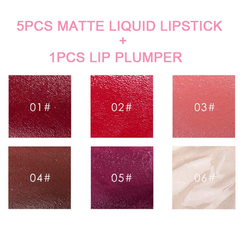 MKYUHP Lip Gloss with Plumper Set, 5Pcs Matte Liquid Lipstick + 1Pcs Lip Plumper Makeup Set Kit, Long Lasting Waterproof Velvet Lip Gloss Set, Pigmented Lip Makeup Gift Set for Girls and Women - BeesActive Australia