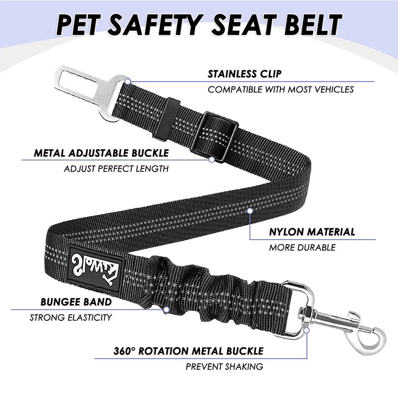 SlowTon Dog Car Seat Belt, Pet Safety Seatbelt Strap Adjustable Retractable Elastic Reflective for Vehicle Heavy Duty Tether for Dogs Cats with Collapsible Dog Bowl Portable Travel Set Black 1 Pack - BeesActive Australia