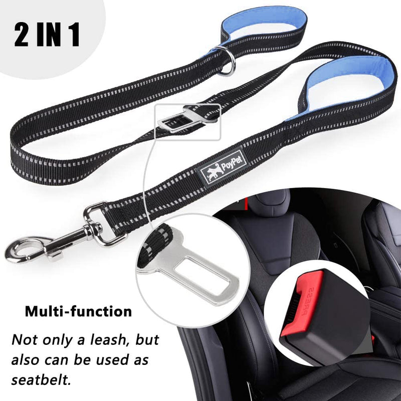 PoyPet 5 Feet Dog Leash - Reflective - 2 Cushioned Handles - Functional Car Seat Belt Light Blue Classic - BeesActive Australia