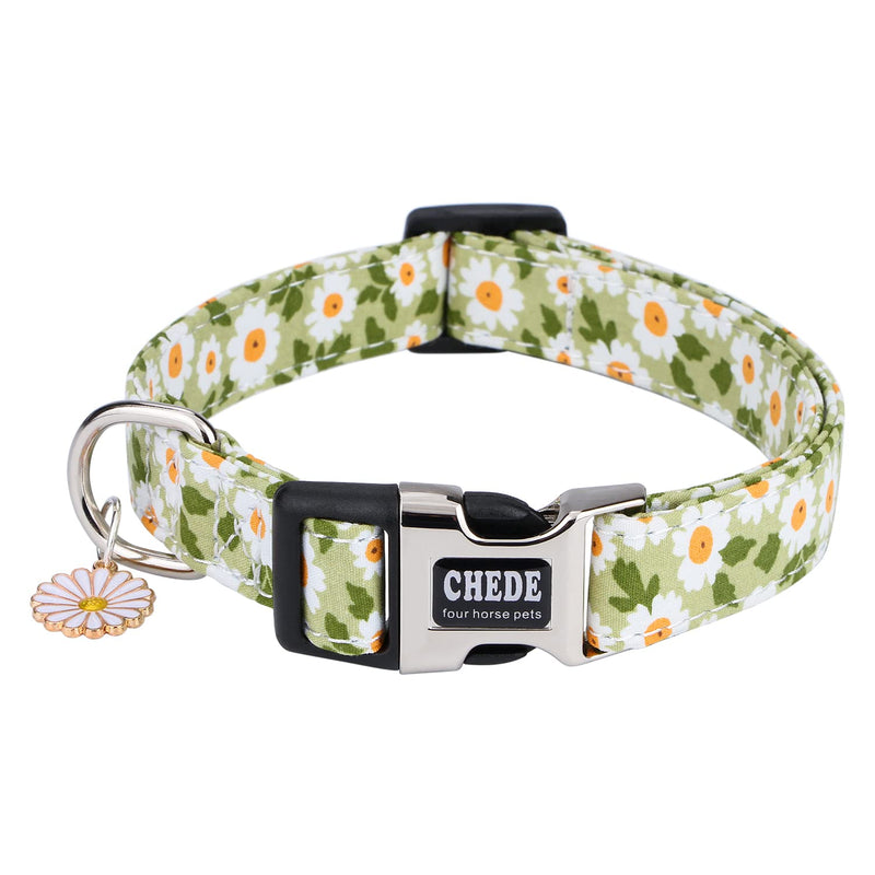 CHEDE Cotton Dog Collar for Small Medium Large Dogs,Girl Dog Collar with Quick-Release Buckle ,Flowers Soft Adjustable Pet Collar Green Daisy - BeesActive Australia