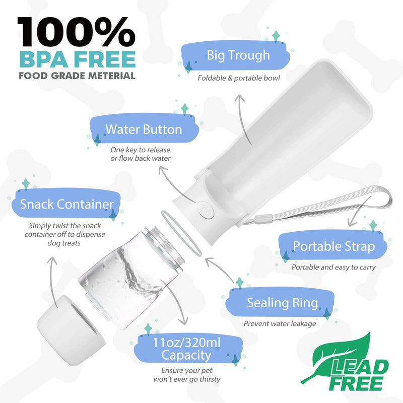 TCDBEST Dog Water Bottle, Portable 3 in 1 Dog Water Dispenser with Foldable Bowl, Snack Container for Puppy Dog Travel Walking On The Go White 11oz - BeesActive Australia