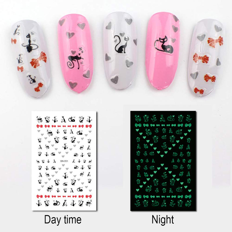 WOKOTO 6 Sheets Luminous Nail Art Stickers Tips Fluorescent Self-Adhesive Decals Smiling Face Moustache Cat Manicure Sticker Nails Kit (Glow In The Dark) - BeesActive Australia