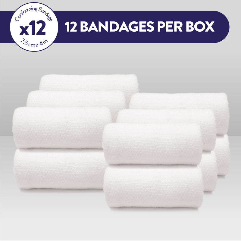 JFA Medical Conforming Bandage, Gauze Bandage Roll 7.5cm x 4m - Pack of 12 7.5cm x 4m (12 count) - BeesActive Australia