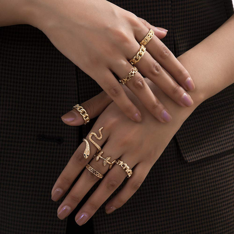 fxmimior Boho Dainty Gold Ring Set Finger Leaf Rings Sets Vintage Snake Knuckle Rings for Women and Girls 8 pcs - BeesActive Australia
