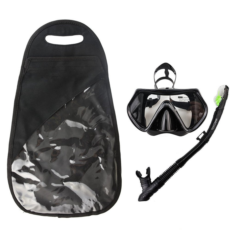 [AUSTRALIA] - WACOOL Snorkeling Package Set for Adults, Anti-Fog Coated Glass Diving Mask, Snorkel with Silicon Mouth Piece,Purge Valve and Anti-Splash Guard. Black 