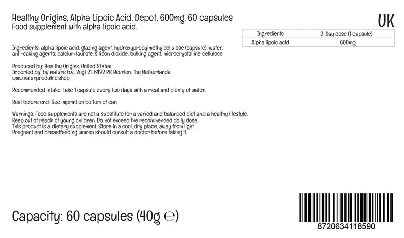 Healthy Origins Alpha-Lipoic Acid, 600mg, Depot, 60 Vegan Capsules, Laboratory Tested, Vegetarian, Gluten Free, SOYA Free, Non-GMO - BeesActive Australia