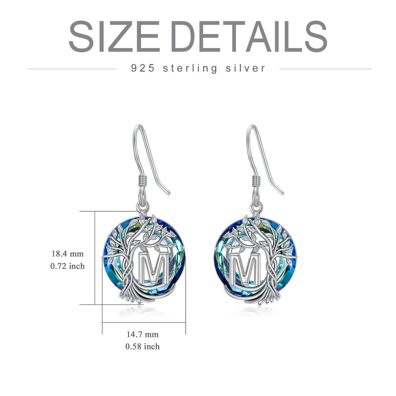 TOUPOP Earrings for Women Tree of Life Earrings with A-Z Initial Letter 925 Sterling Silver Hooks Drop Earrings Tree Dangle Earrings with Blue Circle Crystal Birthday Jewelry Gifts for Women Girls Friends M - BeesActive Australia