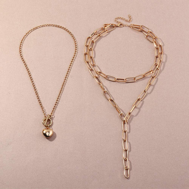 Kercisbeauty Chunky Link Chain Y Necklace Heart Charm Jewelry with Toggel Chain Choker Multi Layered Necklace Punk Girls Jewelry Accessories (Gold) Gold - BeesActive Australia
