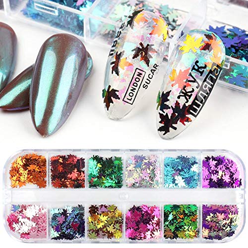 BiBiSi Fall Nail Art Stickers Decals Leaf Glitter Maple Fall Nail Art Sequins Supply Manicure Tips Accessories 12 Colors Autumn Gradient Maple Leaf Holographic Nail Sequins Acrylic Nail Art Supplies 12 Grid Laser Gradient - BeesActive Australia