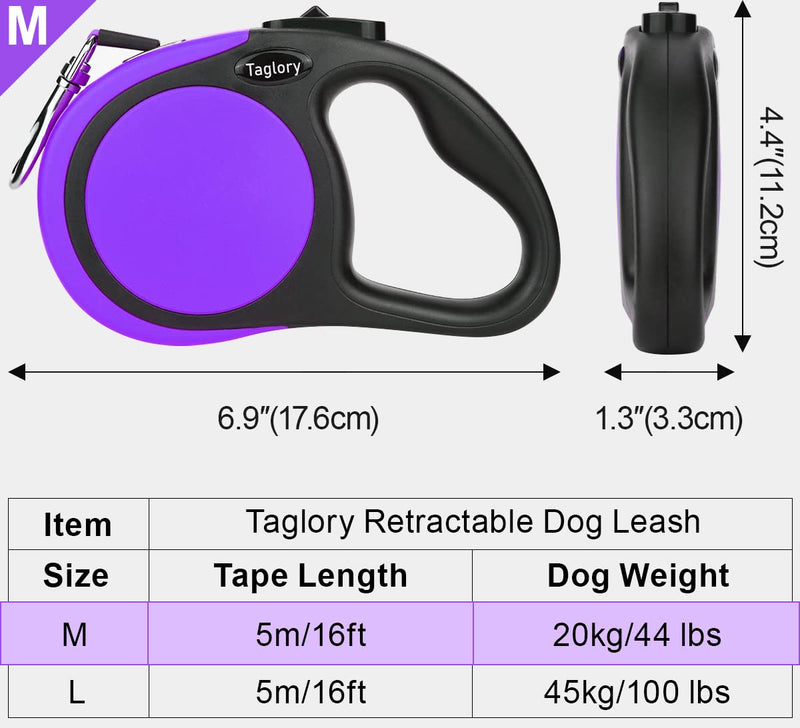 Taglory Retractable Dog Leash, 16ft No Tangle Dog Leash Retractable for Small to Medium to Large Dogs, One-Handed Brake, Pause, Lock Small to Medium(Pack of 1) Purple - BeesActive Australia