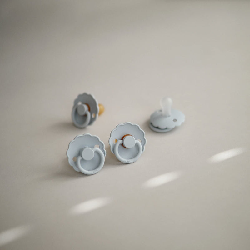 FRIGG Daisy Natural Rubber Baby Pacifier | Made in Denmark | BPA-Free (Powder Blue/Sage, 6-18 Months) 2-Pack 6-18 Month Powder Blue/Sage - BeesActive Australia