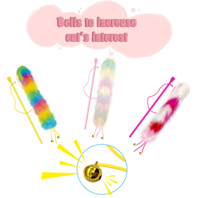 Lepawit 3 Pack Cat Wand Toy, Rainbow Cat Feather Toys with Bells, Cat Teaser Wand with Soft Furry Tail, Interactive Cat Toys for Indoor Cats & Kitten & Kitty B-Rainbow Cat Wandr Toys（3 pack） - BeesActive Australia