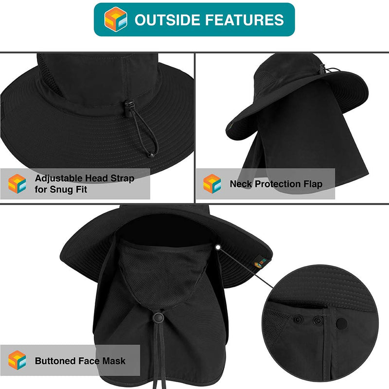 SUN CUBE Fishing Hat Boonie with Face Neck Flap Cover Wide Brim Sun Protection Black - BeesActive Australia
