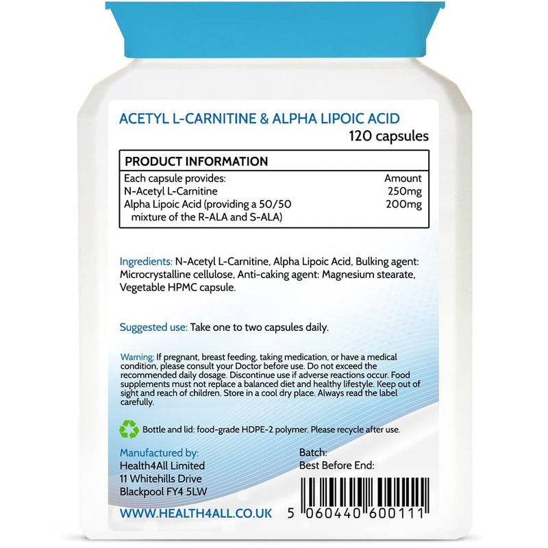 Acetyl L-Carnitine 250mg & Alpha Lipoic Acid 200mg 120 Capsules (V) Vegan ALCAR ALA Capsules. Made in The UK by Health4All 120 Count (Pack of 1) - BeesActive Australia