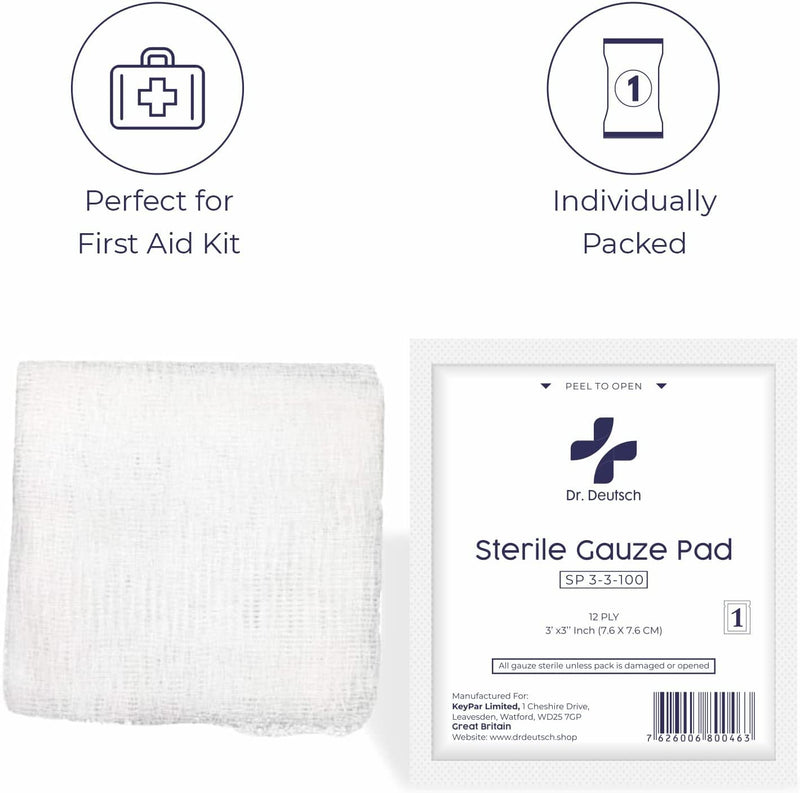DR. DEUTSCH Sterile Gauze Pads 7.5 x 7.5 cm for Wound Dressing 100 Individually Packed Pouches, 12-Ply Cotton & Highly Absorbent, Gauze Sponge-Pads for Wound Care & Home First Aid Kits 7.5 x 7.5 cm (Pack of 100) - BeesActive Australia