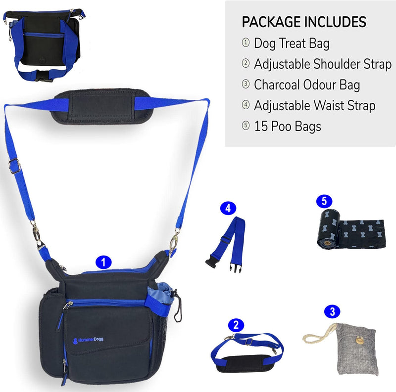 HummerDogg Dog Treat Bag with 15 Dog Poo Bags - Blue Dog Walking Bag - Adjustable Strap Dog Travel Bag with Bamboo Charcoal Odour Bag 7.5 x 2 x 9.8 inches - Neoprene Dog Treat Pouch with Bottle Holder - BeesActive Australia