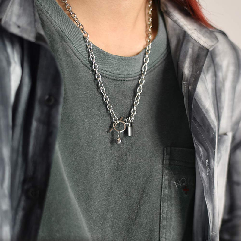 Xerling Silver Lock Pendant Necklace Simple Toggle Chain Choker with Ball Punk Boho Hip Hop Unisex Jewelry for Eboys Egirls Men Women - BeesActive Australia