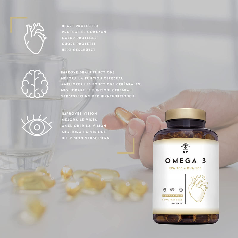 Omega 3 Fish Oil 2000mg Capsules. Super Strength | 700mg EPA + 500mg DHA per Daily Serving | Supports Normal Heart, Brain & Vision Function. Heavy Metal Free. 120 Softgel | N2 Natural Nutrition - BeesActive Australia