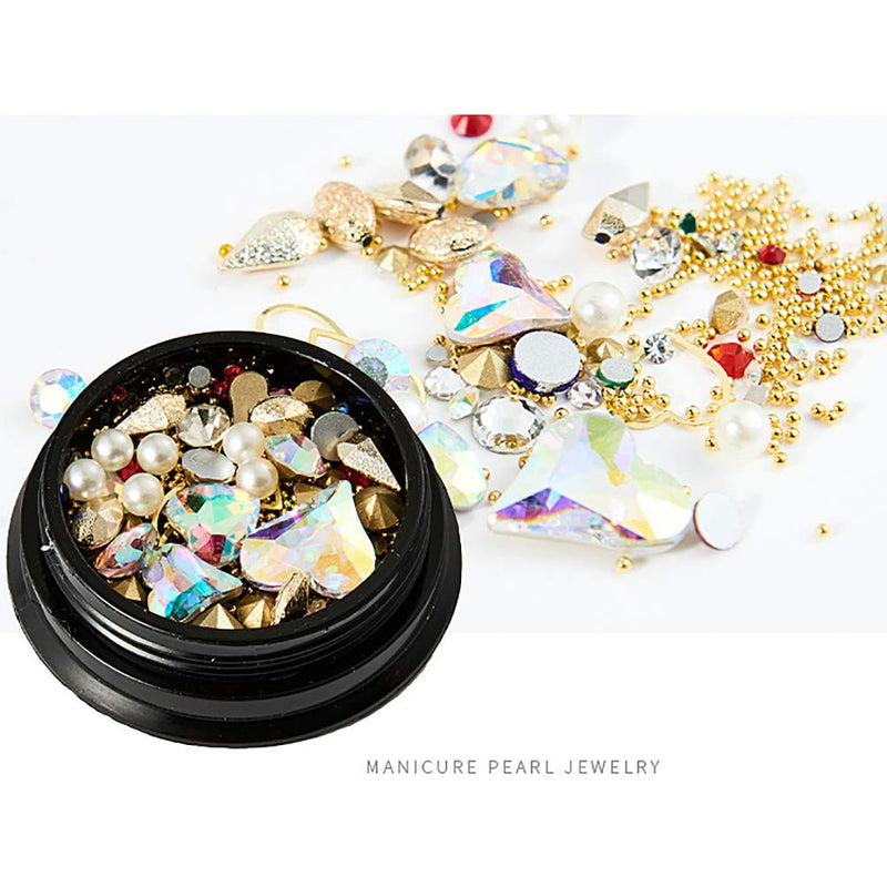 SILPECWEE 6 Boxes 3D Mix-shape Metal Nail Studs Big Gem Pearls Nail Art Rhinestone Nail Rivet Set Nail Jewels Decoration With 1Pc Tweezers And Picker Pencil NO1 - BeesActive Australia