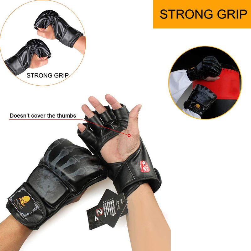 [AUSTRALIA] - ZooBoo MMA Gloves, Half-Finger Boxing Fight Gloves MMA Mitts with Adjustable Wrist Band UFC Gloves for Sanda Sparring Punching Bag Training Black 