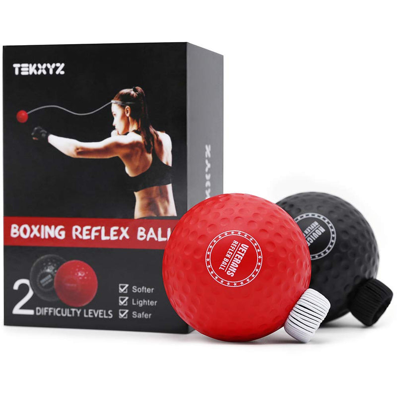 [AUSTRALIA] - TEKXYZ Boxing Reflex Ball, 2 Difficulty Level Boxing Ball with Headband, Softer Than Tennis Ball, Suit for Reaction, Agility, Punching Speed, Fight Skill and Hand Eye Coordination Training Black/Red 