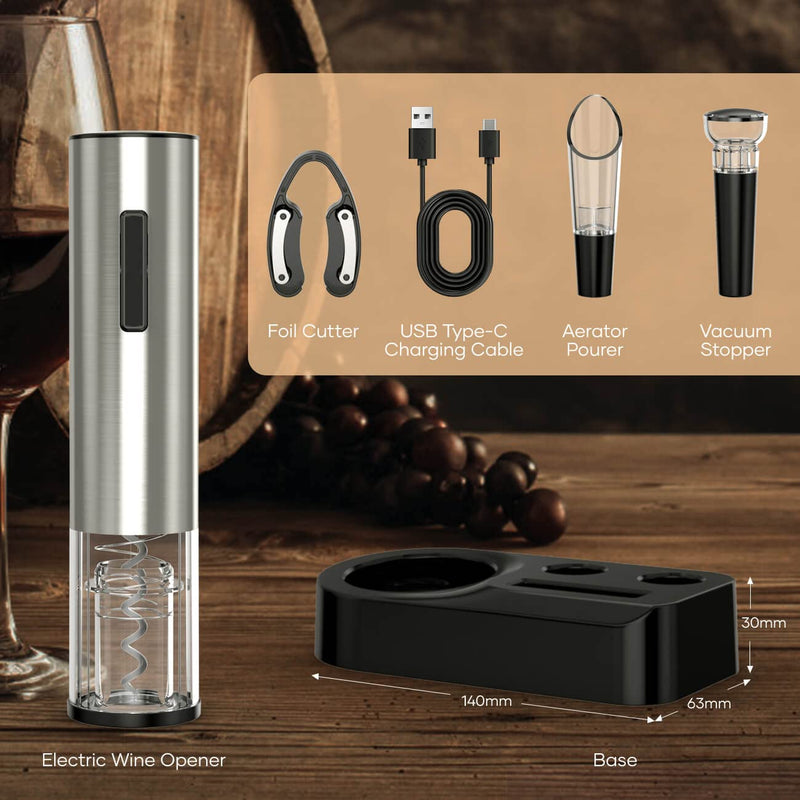 Crenova 6-in-1 Wine Opener Electric Rechargeable Automatic Corkscrew Bottle Opener set with Vacuum Stopper, Aerator Pourer, Foil Cutter, Display Base & USB Charging Cable, Silver - BeesActive Australia
