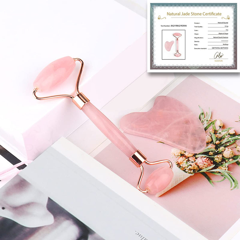 Jade Roller and Gua Sha Set - Deciniee Beauty Face Roller Massager & Guasha Tool for Face, Eye, Neck - Rose Quartz Roller Skin Care Tools for Body Muscle Relaxing Relieve Wrinkles Pink - BeesActive Australia