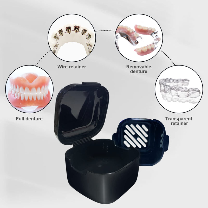DIDATOOL Retainer Case, Denture Bath, Denture Cups for Soaking Dentures, Denture Pots with Lid, Easy to Carry and Clean Denture Case with Removable Rinse Basket and Finger Toothbrush (Black) Square Black - BeesActive Australia