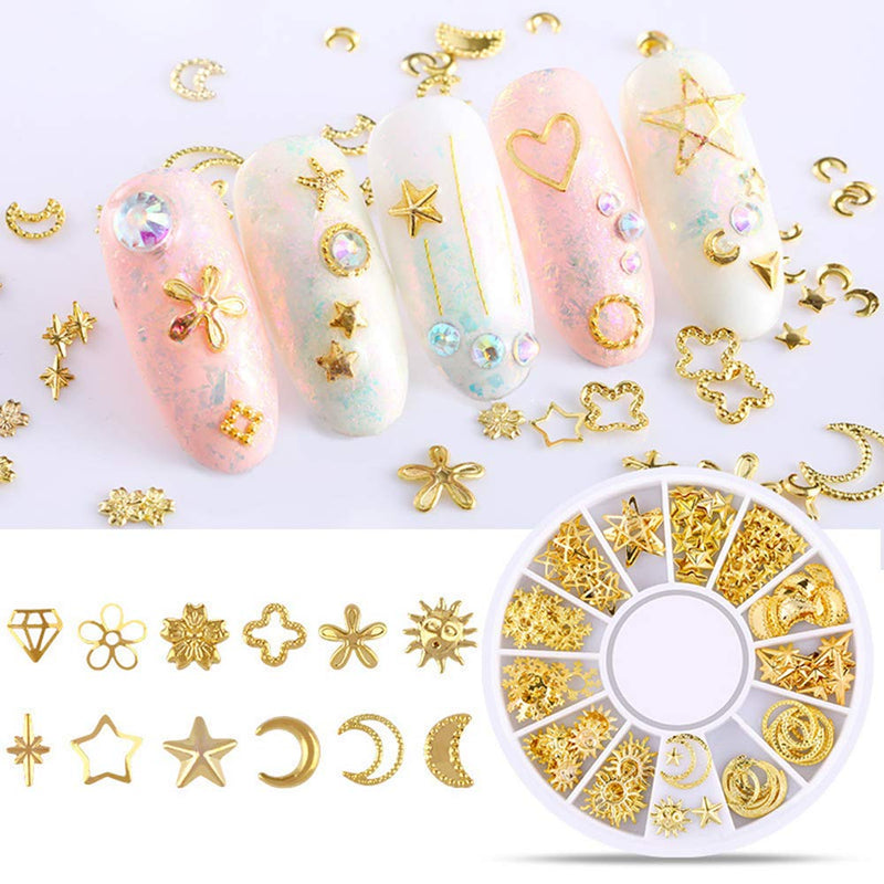 Gold Nail Art Studs 3D Nail Supplies Nail Rivet Set Mixed Metal Jewels Nail Accessories with Star Moon Sun Flowers Punk Seaside Hollow Design Gems Rhinestones for Women Nail Decorations 6 Boxes - BeesActive Australia