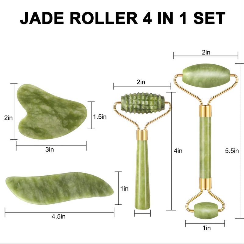 4-pcs Jade Roller & Gua Sha Set, Facial Roller Massager with Gua Sha Scraping Tool, Jade Stone Massager for Anti-aging, Slimming & Firming, Rejuvenate Face and Neck, Remove Wrinkles & Eye Puffiness - BeesActive Australia