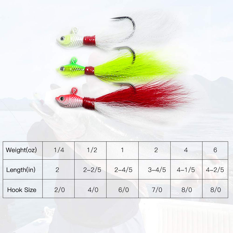 [AUSTRALIA] - Dr.Fish Bucktail Jig Fluke Lure Saltwater Freshwater Baits Assorted Kit Bass Striper Bluefish Surf Fishing White, Chartreuse, Red,Yellow 1/2 oz, 1oz, 2 oz,4 oz,6 oz Pack of 3 White,Chartreuse,Red & White (Pack of 3) 