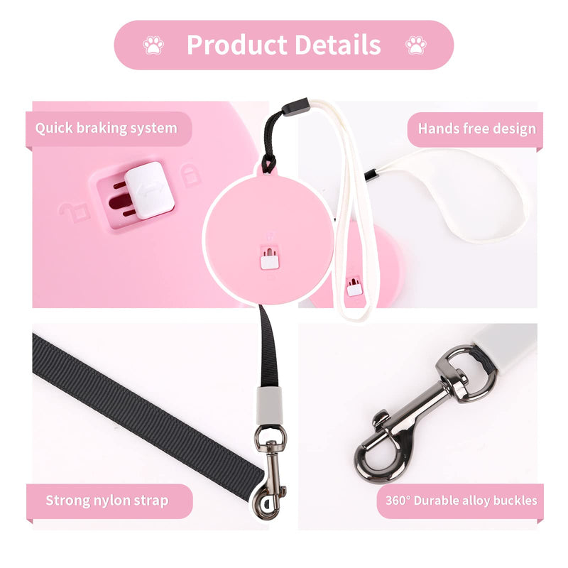 Retractable Dog Leash for Small and Medium Dogs Cats up to 22lbs with 9.8ft Anti-Pull Strong Nylon Tape, Hands Free, Mini Portable and Lightweight Walking Leash with Wrist Strap, One-Hand Brake, Tangle Free Pink - BeesActive Australia