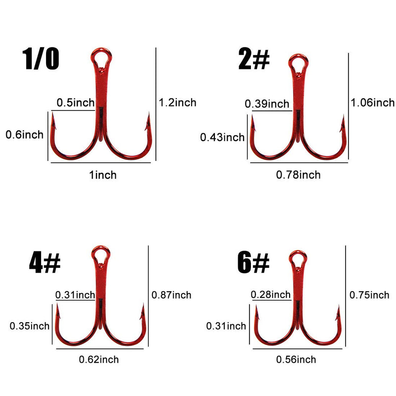 Fishing Red Treble Hooks High Carbon Steel Treble Fish Hooks Super Sharp Round Bend Barbed Triple Hook Replacement for Bass Trout Saltwater Freshwater Size 2 4 6 8 10 12 14 1/0 100pcs-12# - BeesActive Australia