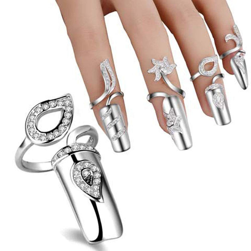 Suoirblss 4 PCS Rhinestone Finger Tip Nail Ring Adjustable Opening Nail Art Charms Accessories Silver Women's Fashion Protecting Fingernail - BeesActive Australia