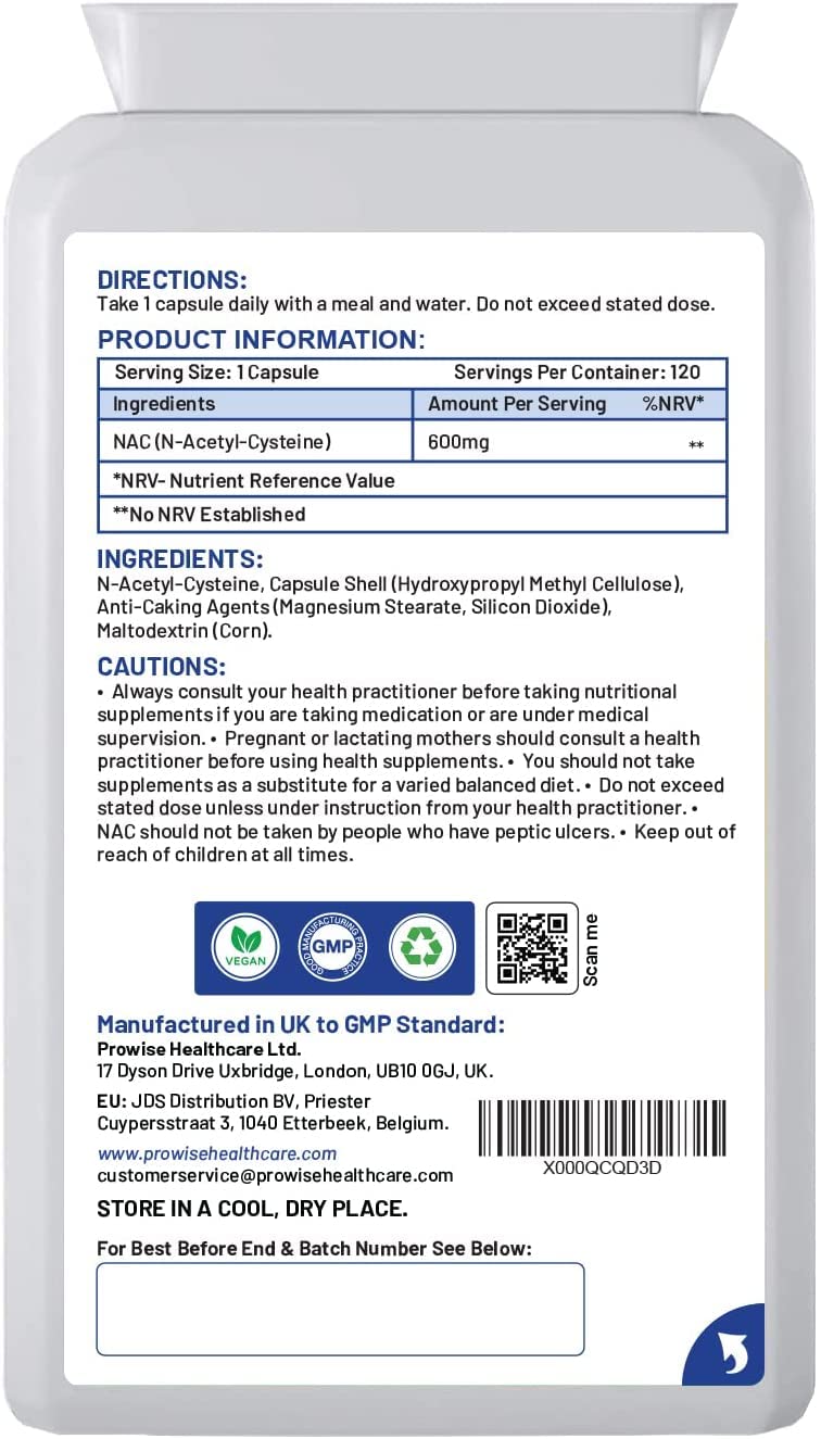 NAC N-Acetyl- Cysteine 600mg 120 Capsules (Pack of 2) - UK Manufactured | GMP Standards by Prowise Healthcare | Suitable for Vegetarians and Vegans - BeesActive Australia