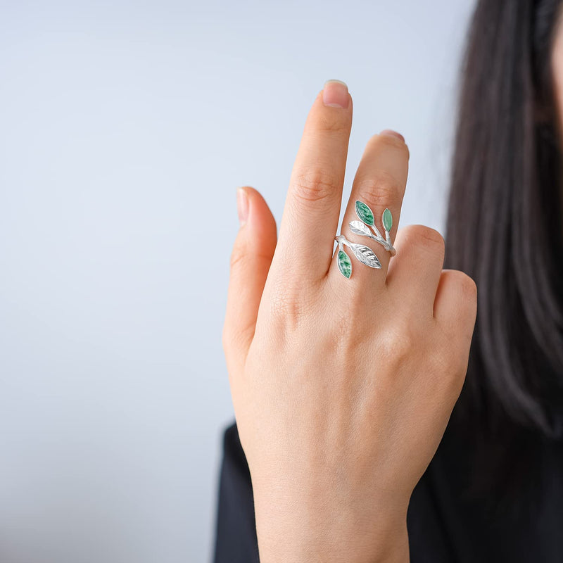 Lotus Fun 925 Sterling Silver Marquise Shape Jade Aventurine Open Leaf Rings Olive Leaf Rings Handmade Jewelry Unique Gifts for Women Mother Mom Wife Girls - BeesActive Australia