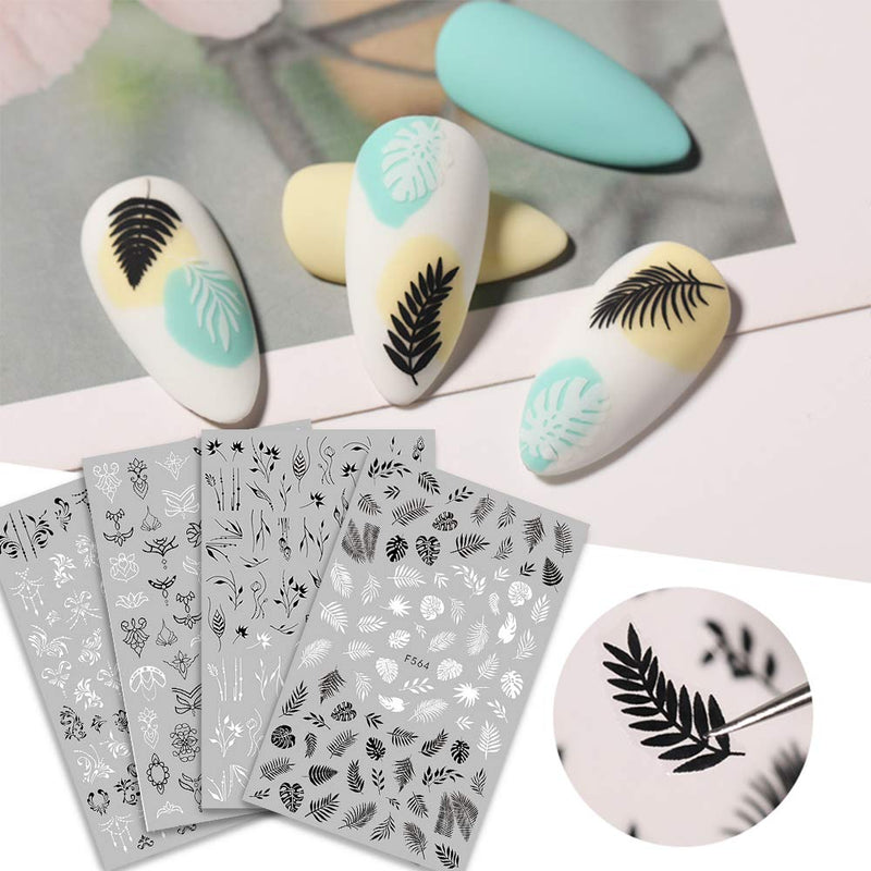 Mori Elves Nail Art Stickers Black White Flower Palm Leaf Nail Self-Adhesive Decals Summer 3D Natural Fresh Style Minimalist Lines Design Sticker for Women Girls Nail DIY Accessories (10 Sheets) - BeesActive Australia