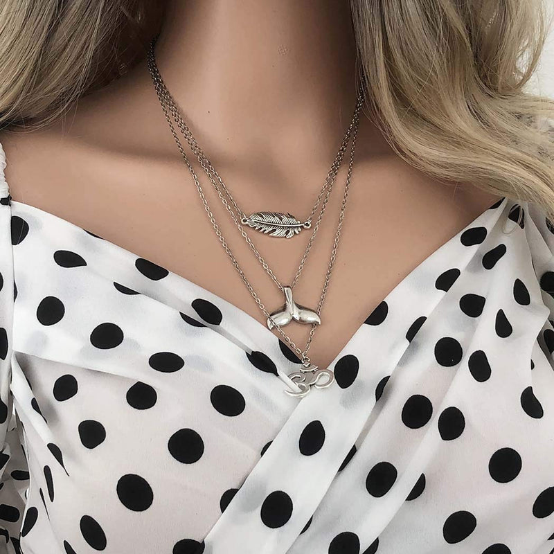 Ajacry Boho Layered Leaf Necklace Silver Mermaid Fishtail Pendant Necklace Leather Neckalces Accessories for Women and Girls - BeesActive Australia