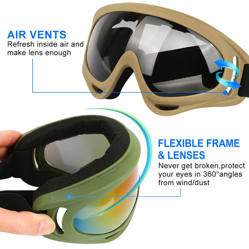 ELECOOL Ski Goggles 2 Packs, Multicolor Lenses Snow Goggles with Wind Dust UV 400 Protection for Women Men Kids Girls Boys Winter Snowboard Snowmobile Skiing Army Green/Khaki - BeesActive Australia