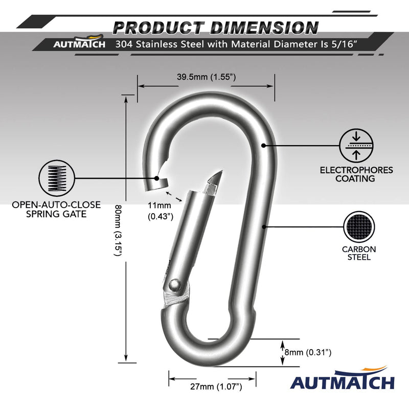 AUTMATCH Carabiner Clips, 3" Spring Snap Hook Caribeener Clips Buckle Heavy Duty Locking Carabiners Chain Quick Links for Camping, Fishing, Hiking, Traveling Etc, 4 Pack M8 - 5/16" (8 X 80mm) Stainless Steel - Silver - BeesActive Australia