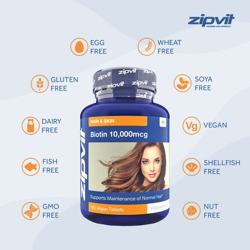 Biotin Hair Growth Supplement 10,000 mcg, 180 Vegan Tablets (6 Months Supply). Maintains Hair & Skin. Vegetarian Society Approved. UK Supplier - BeesActive Australia