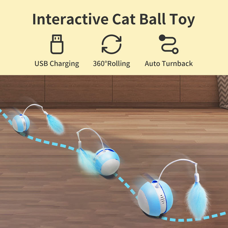 PAKEWAY Interactive Cat Ball Toy with Bird Sound & LED Light, Automatic Irregular 360°Rolling Cat Toy with USB Charging and 2PCS Feathers, Smart Moving Cat Toy Smart Gift for Indoor Kitten Blue - BeesActive Australia