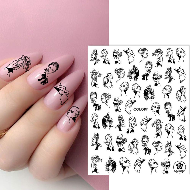 3D Black Nail Art Stickers Decals Nail Art Supplies 3D Adhesive Black Abstract Human Face Line Letter Love Heart Face Cartoon Three-Dimensional Cube Design DIY Nail Decorations 9 Sheets - BeesActive Australia