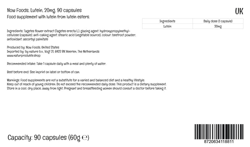 Now Foods, Double Strength Lutein 20mg, Free Lutein Ester, 90 Vegan Capsules, Lab-Tested, Soy Free, Vegetarian, Gluten Free, Non GMO - BeesActive Australia