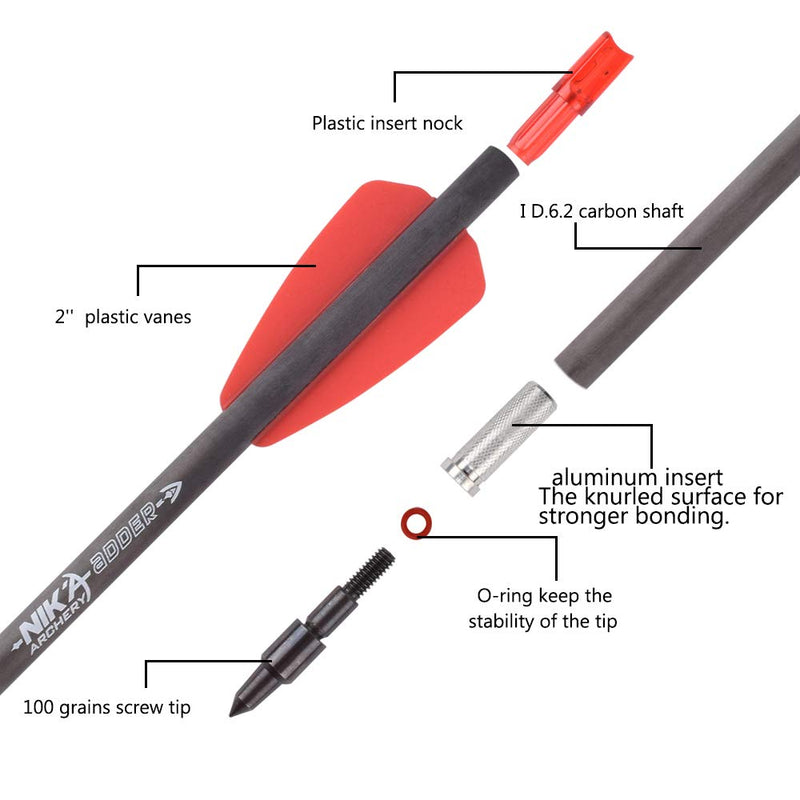 NIKA ARCHERY 7.5" inch Crossbow Bolts Carbon Arrows 2" Red Vanes with 100Grain Target Tips for Hunting Shooting 6/12pcs 12pcs with Field Point Tips - BeesActive Australia