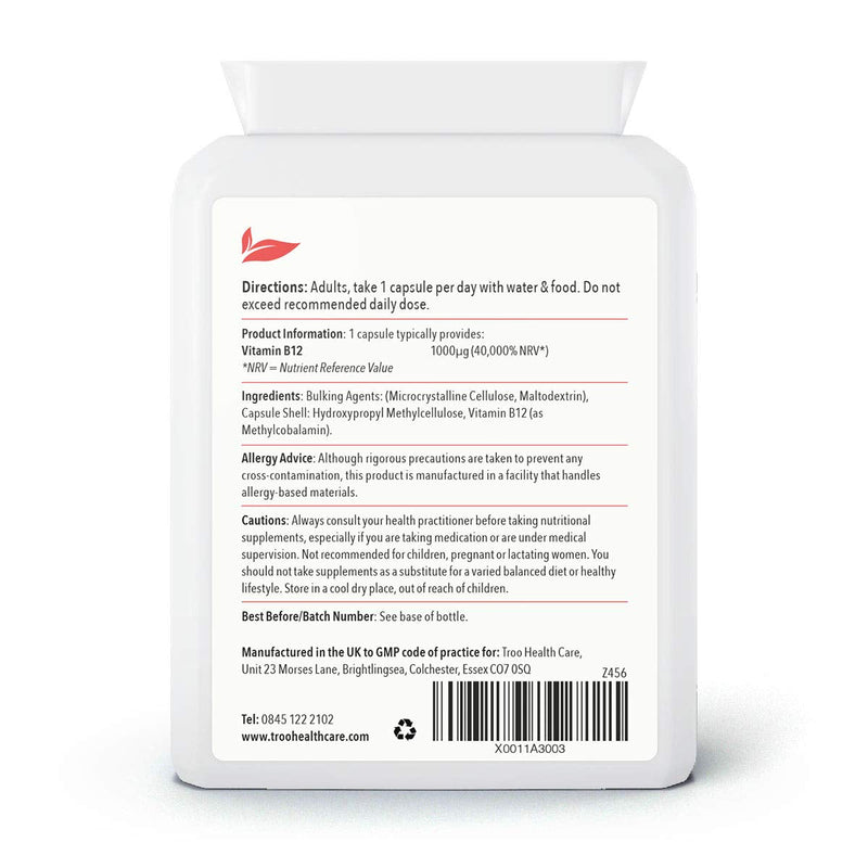 Vitamin B12 Methylcobalamin Supplement 1 mg - 120 Easy Swallow Daily Capsules - High Strength 1000 mcg per Capsule � Energy and Nervous System Support - UK Manufactured to GMP Standards - BeesActive Australia
