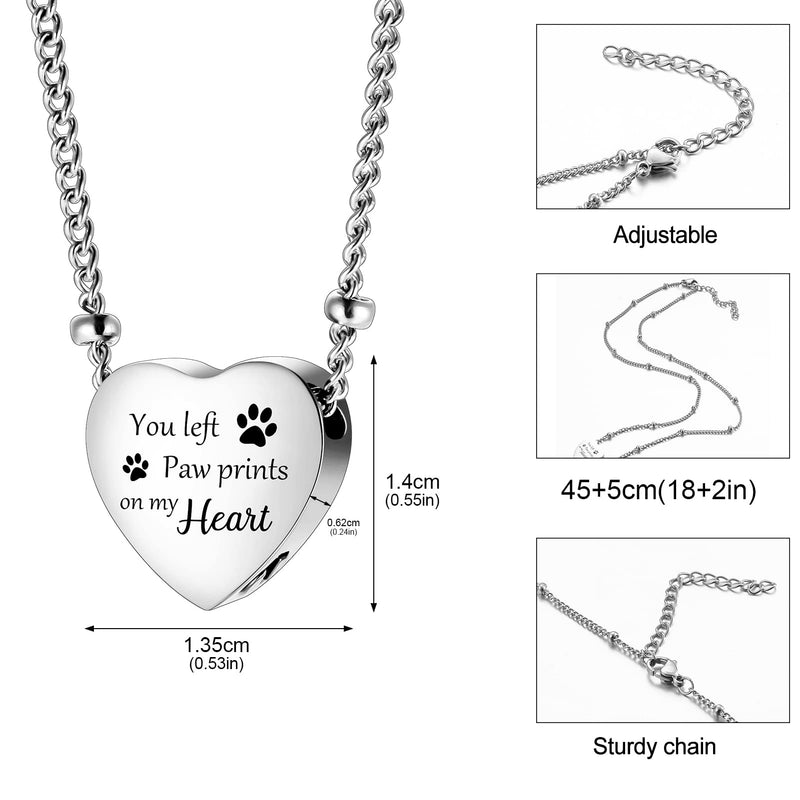 Urn Necklace for Ashes with Paw Prints Heart Cremation Jewelry for Dog Ashes- You Left Paw Prints on My Heart Silver - BeesActive Australia