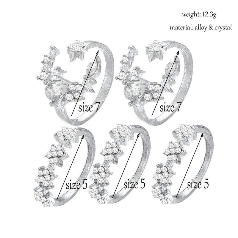 Funyrich Boho Rings Set Silver Vintage Wedding Crystal Joint Knuckle Rings Moon Star Stakable Midi Finger Ring Accessories for Women and Girls (Pack of 5) - BeesActive Australia