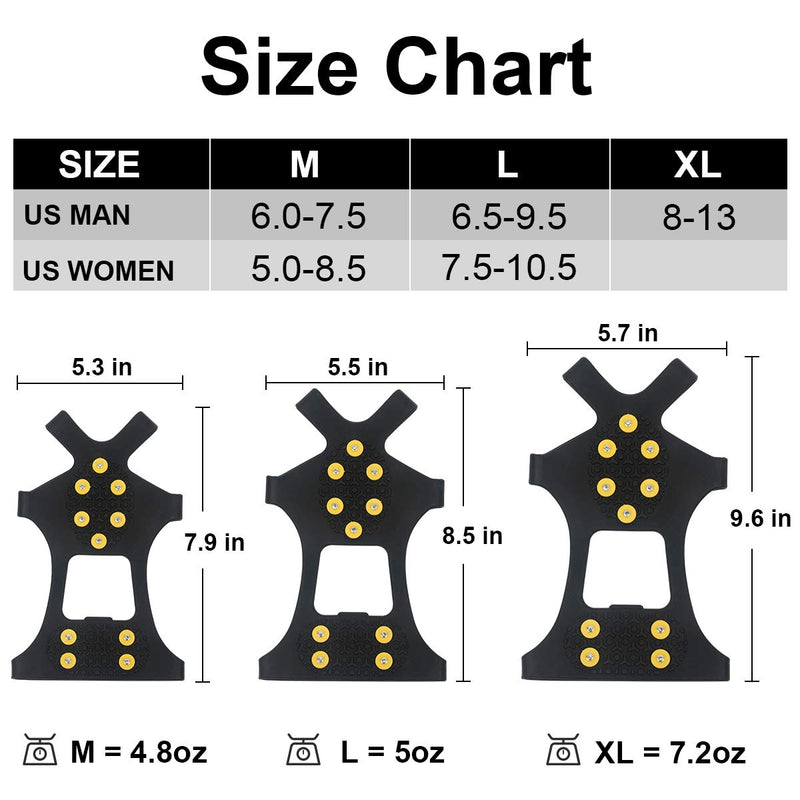 Ice Snow Grips Traction Cleats Anti Slip Ice Cleats Spikes Rubber Crampons with 10 Extra Replacement Steel Studs for Snow Shoes and Boots Ice Walking, Ice Fishing, Hiking Men Women Universal Crampons M(women:5.0-8.5/men:6.0-7.5) - BeesActive Australia